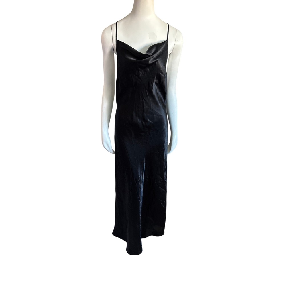La Vie En Rose Black Satin Cowl Neck Cross Back Slip Dress Medium